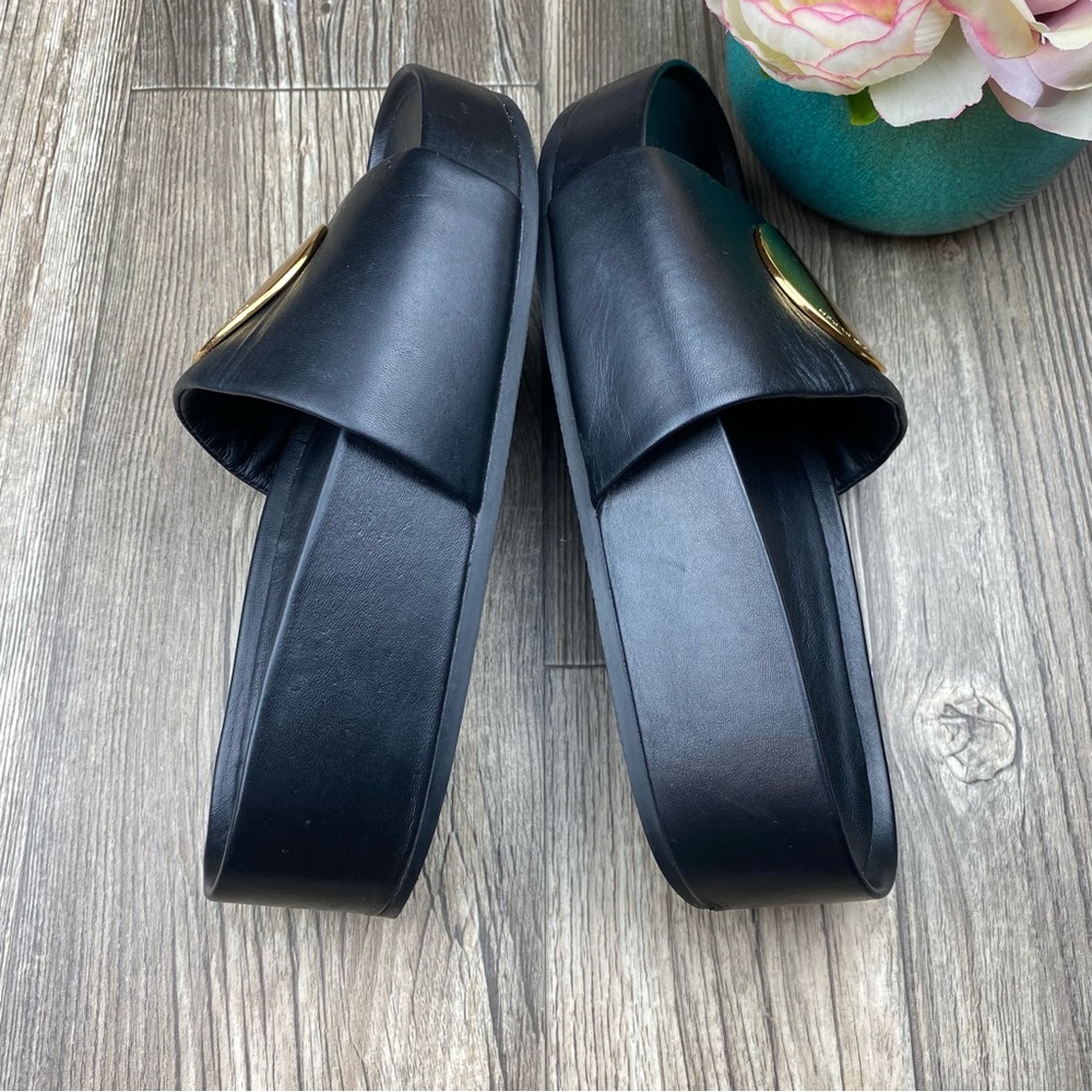 Tory Burch Black Leather Slide Sandals with Gold Medallions - Picture 7 of 12
